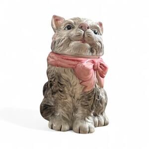 World Bazaars Inc Grey Kitten Cat with Pink Bow Cookie Jar 8"